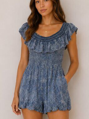 Torrid Blue Paisley Off Shoulder Smocked Romper Size 3